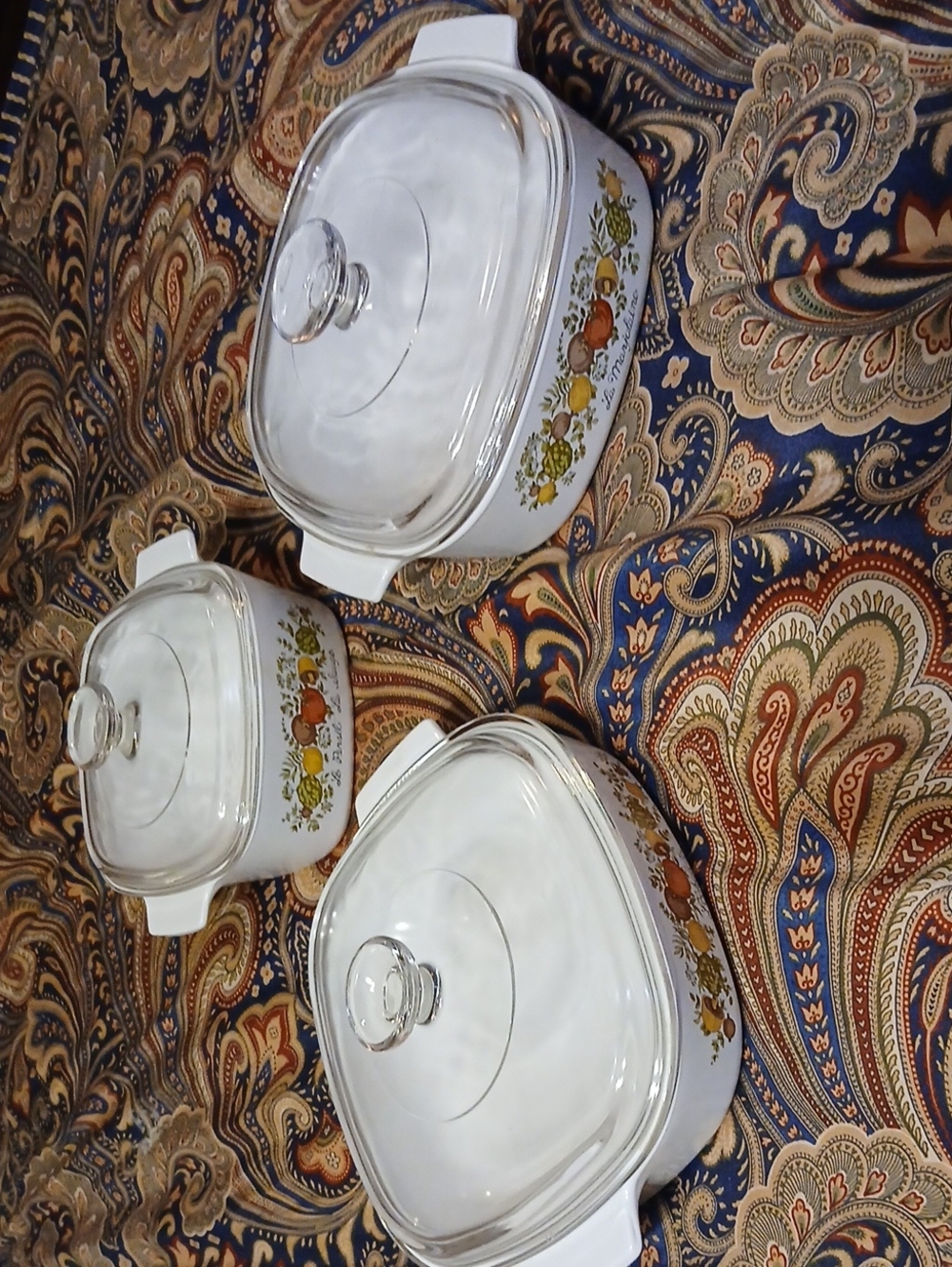 Pyrex White Casserole Set with Orange and Yellow Fruit Motif
